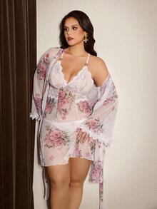 Slumberist Plus Size Sexy Sheer Floral Mesh Robe With Lace Trim Lightweight Nightgown Set With Belt - White - View 4