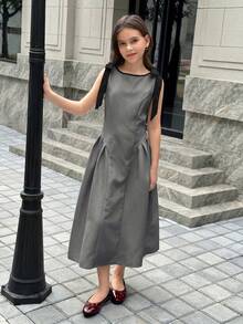 SHEIN 青少年女孩對比收腰長洋裝 休閒優雅時尚百搭 日常穿搭 適合典禮派對所有場合 新款女童洋裝 - 灰色 - 查看 3