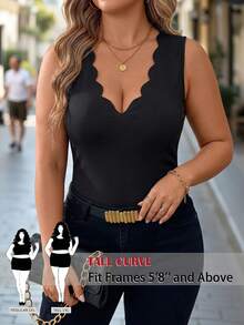 SHEIN Tall CURVE Plus Size Women's Scalloped Neckline Ribbed T-Shirt,Black Autumn Elegant Everyday Top,Flared Hem Blouse For Summer,Daily,Party,Vacation,Y2K - Black - View 4