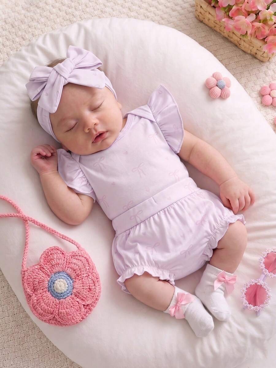 SHEIN 3件組 新生女嬰夏季粉色蝴蝶結印花連身衣與內褲，附髮帶，面料寬鬆舒適易穿脫