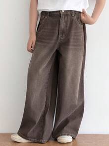 DAZY Celana Jeans Denim Panjang Model Lurus Bergaya Vintage untuk Anak Laki-Laki Bertubuh Besar - Coklat - View 2