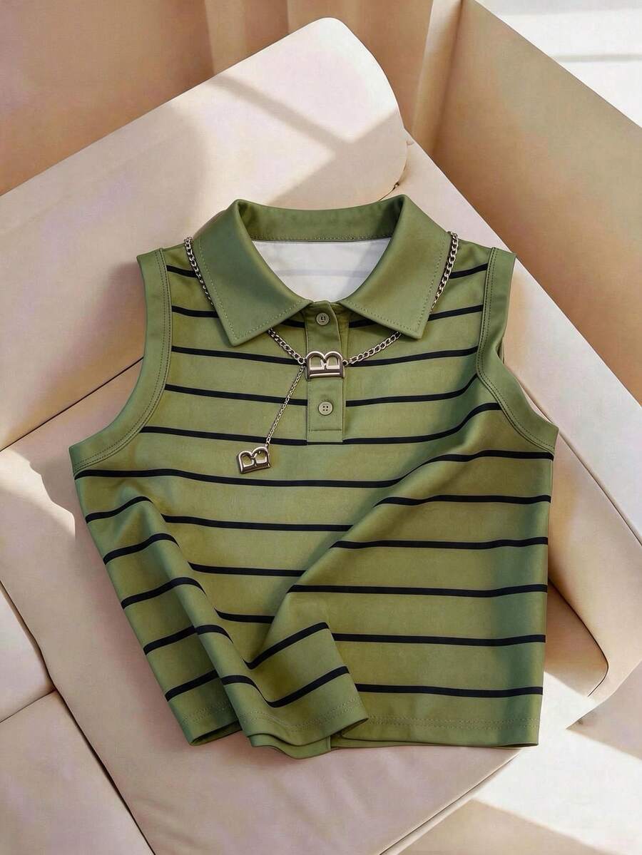 Franclia 女款條紋無袖 Polo 領背心上衣 - 軍綠色 - 查看 1