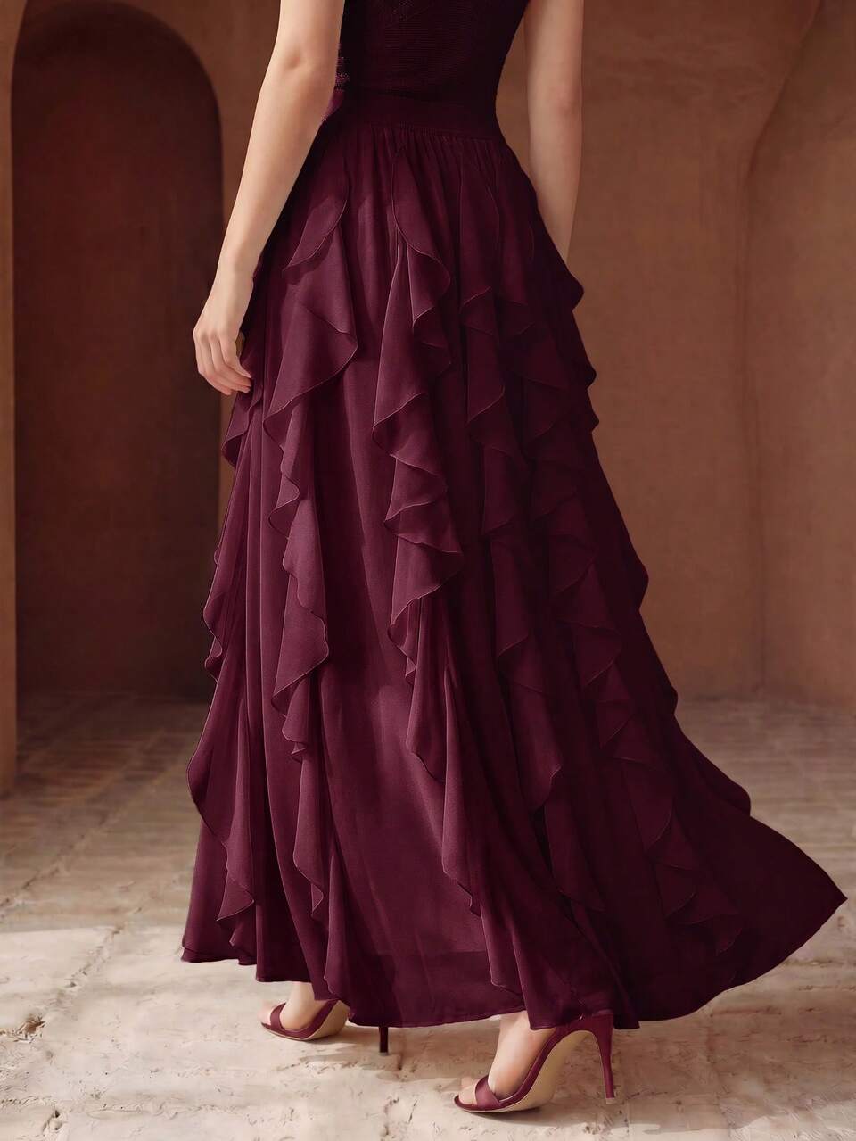 High-Quality Standard Size Women's Elegant Flowy Ruffled Skirt, Elastic Waist Asymmetrical Hem Slimming Commute & Vacation Skirt, Spring/Summer