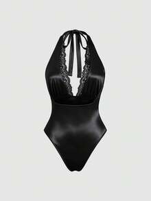 Sweetra Summer Stylish New Lace Patchwork Sweet Sexy Knitted Backless Slim Fit Black Bodysuit, Elegant For Commuting Night Out - Black - View 2
