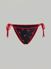 SHEIN MOD 女士樱桃印花挂脖比基尼套装，含罩衫，三件套度假沙滩装 - 黑色 - 查看 10