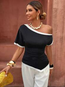 Flora Isola Flora Isola Elegant Vacation Casual Commute Asymmetric Hem Scoop Neck Black & White Women T-Shirt - Black - View 1