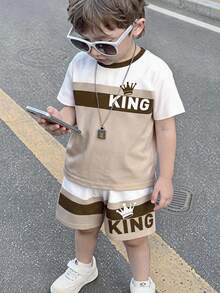 Young Boy Casual T-Shirt Set, Fashion Classic Color Block Print, Classic King Text Print, Cute Crown Print, Suitable For Spring/Summer, Suitable For School, Suitable For Street Wear - Multicolor - View 2