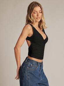 Hauture Blusa de punto con escote cruzado y espalda baja para oficina - Negro - Ver 3