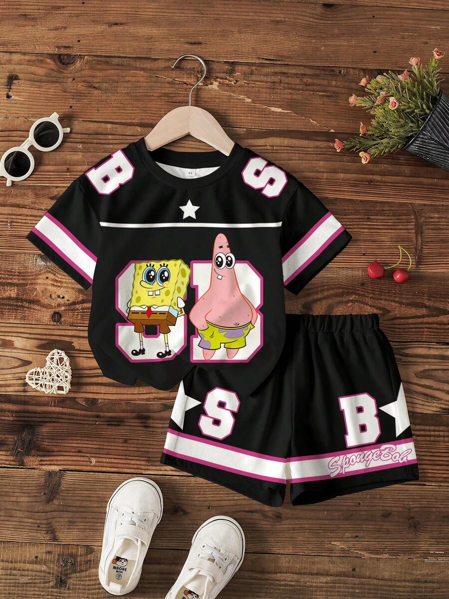 SpongeBob SquarePants | SHEIN 女童卡通撞色圆领短袖T恤和短裤套装 - 白色 - 查看 1