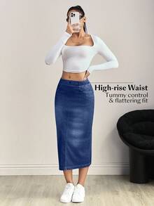 Flexra Plus Size Dark Wash Denim Skirt - Medium Wash - View 5