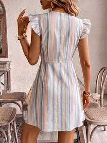 Vestido de mujer con cuello en V, mangas cortas y línea A con decoración de botones - Multicolor 2 - Ver 3