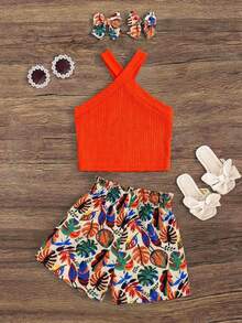 SHEIN 2pcs Baby Girl Knitted Solid Color Casual Top And Ditsy Floral Pants Set Toddler Two Pieces Tropical Outfit Vacation Clothes Orange Hawaiian Outfits - Hot Pink - View 2