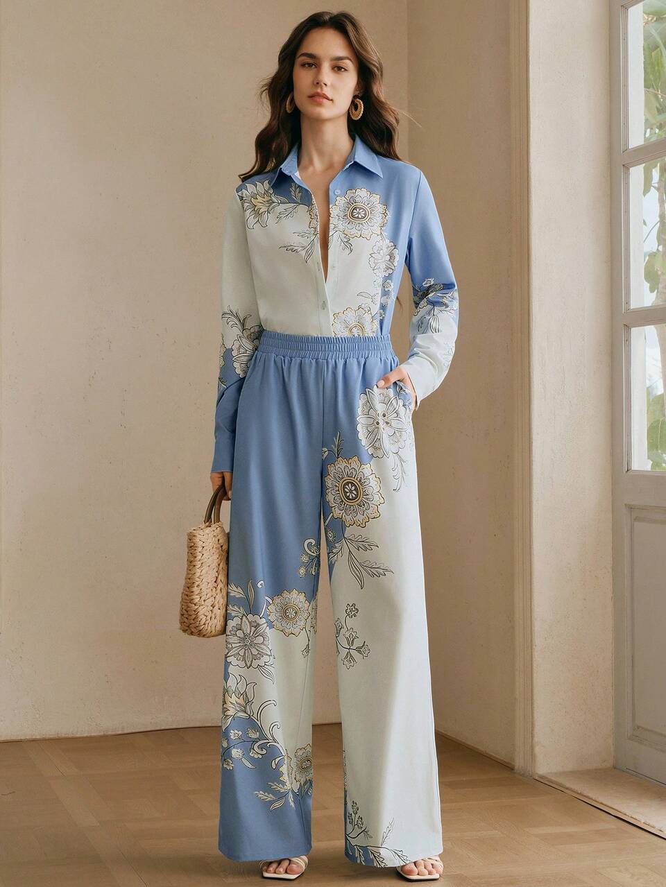 Anewsta Elegant Romantic Asymmetric Print Lapel Long Sleeve Shirt Straight Wide Leg Pants Loose Spring Summer Women 2pcs Set Spring Outfit Women,Work Outfits For Women,Holiday Outfits For Women