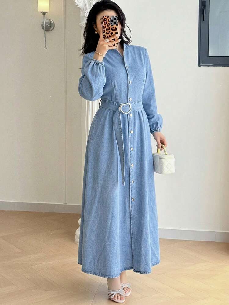 SHEIN MOD Women's Navy Blue Modest Long Sleeve Denim Maxi Dress,Autumn Work Jean Dress,Single-Breasted Asymmetrical Metal Ring Elegant Waist Belt Outfits