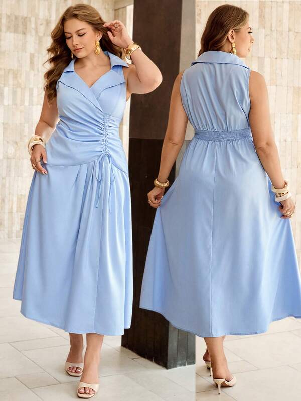 Roveilla Women's Light Blue Summer Elegant Wedding Guest Maxi Dress,French Lace Striped Sleeveless Deep Shirred Drawstring Ruched Waist A-Line Dress