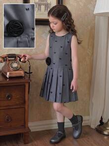 Elladie kids Young Girls' Embroidered Bow Elegant Floral Applique Sleeveless Dress - Grey - View 4