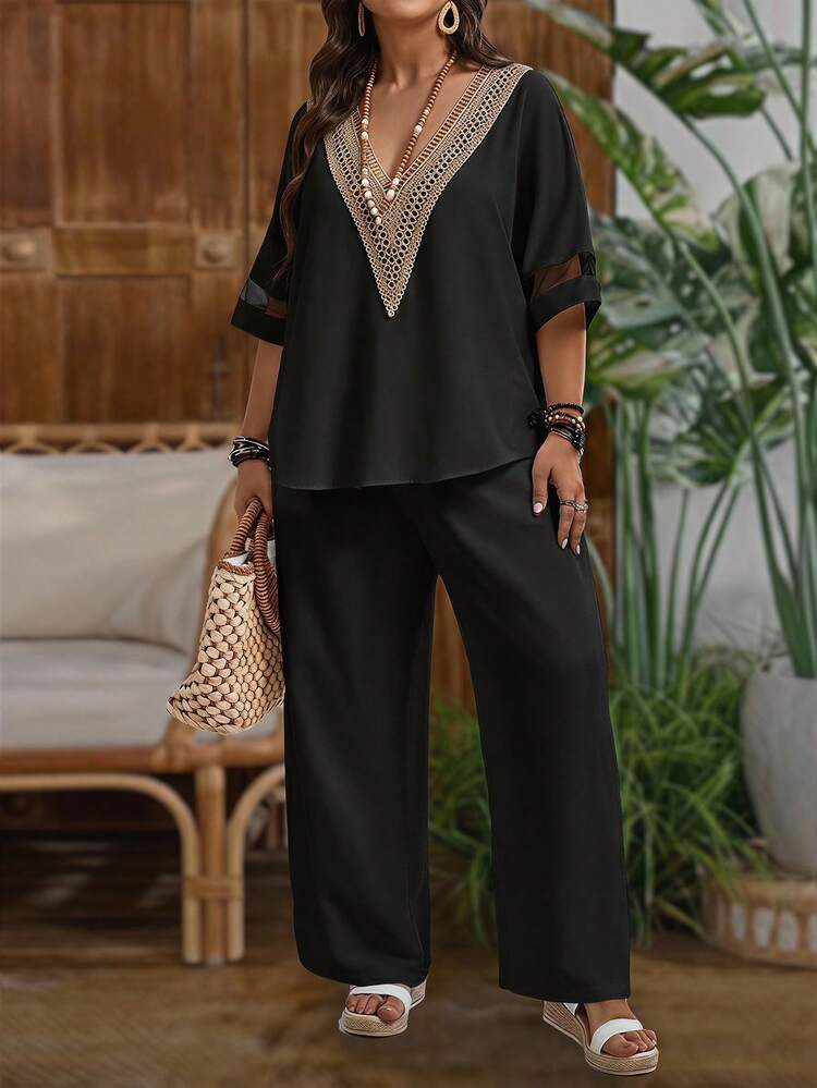 Plus Size Vacation Casual Mesh Patchwork Shirt And Pants 2 Pieces Set