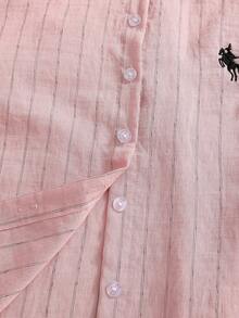SHEIN 少女春秋季休闲度假日常通勤刺绣条纹印花长袖衬衫和阔腿裤套装 - 粉色 - 查看 6