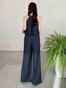 DAZY Conjunto de 2 piezas para mujer con top sin mangas con volantes y pantalones de pierna ancha en color azul marino liso para primavera y verano - Azul Marino - Ver 2