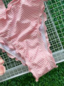 Swim Mod Conjunto de bikini con volantes y lazos en color rosa sólido, traje de baño con volantes y textura térmica para primavera y resort para mujeres - Rosa - Ver 6