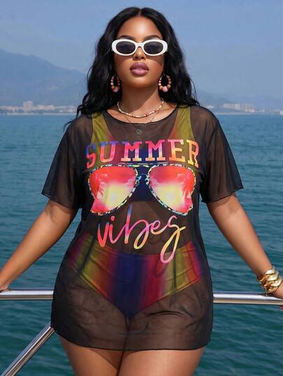 Slaydiva Plus Size Women 3pcs Set: Printed Spaghetti Strap Triangle Bikini Bottom + Printed Mesh Cover Up Vest, Beach Vacation Swimwear