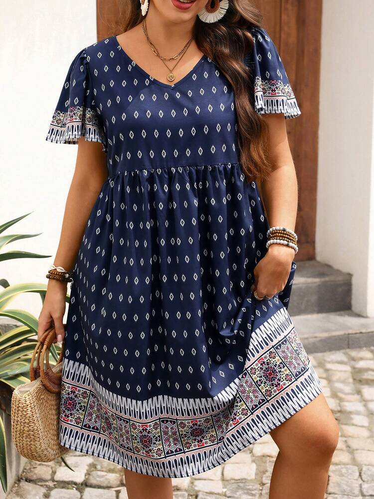 Plus Size Women's Summer Casual Vacation Country Short Sleeve Floral Printed Navy Blue Boho Dress,Flowy Dress, Outfits,Festa Junina