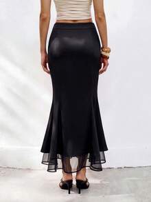 Airaco Women's Elegant Double-Layer Chiffon Mermaid Hem Solid Color Skirt Date Black Autumn - Black - View 3