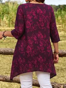 EMERY ROSE Plus Size Floral Print Casual Shirt With Pockets, Round Neck,Summer Vacation, Autumn,Fall - Red Violet - View 2