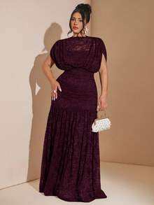 SHEIN BAE Plus Size Women Dark Purple Lace Dress Formal Wedding Winter Elegant - Red Violet - View 2