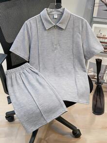 SHEIN 青少年男孩拉鍊素色短袖 Polo 衫與短褲休閒套裝 - 灰色 - 查看 7