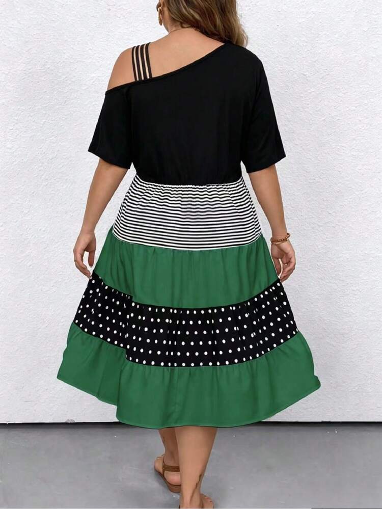 Breezaya Plus Size Women's Striped Polka Dot Print Asymmetrical Collar Short Sleeve Dress - Green - View 2