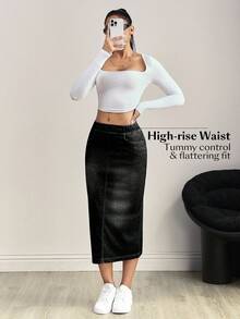 Flexra Plus Size Women Casual Versatile Everyday Denim Skirt With Pockets - Black - View 5