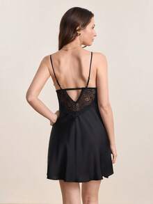 Camisón de satén y encaje con patchwork, lencería de dormir para mujer - Negro - Ver 2