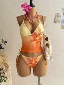 Soleia Women's Summer Beach Floral Print Halter Tie Tankini And Triangle Tankini Swimwear Set - Orange - View 1