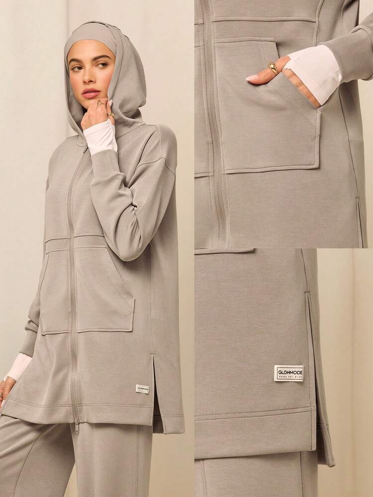 Modest 1PC SoftCalm Modal Always Glowing Relaxed Fit Thigh Length Pocket Side Split Hem Hooded Long-Sleeve Daily Casual Wear