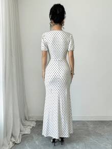 SHEIN Clasi Elegantes langes Damenkleid mit Puffärmeln, kontrastierender Spitze und Polka-Dot-Muster - Verschiedenfarbig - Übersicht 2