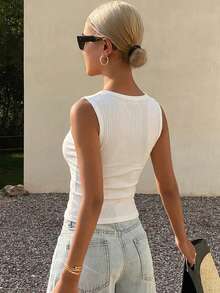 DAZY Women's Square Neck Fitted Ribbed Camisole Top, Summer - Beige - View 4
