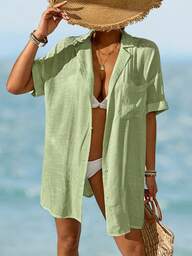 Swim Vcay Kimono simple à manches courtes avec boutons devant, couleur unie, convient pour les vacances d'été