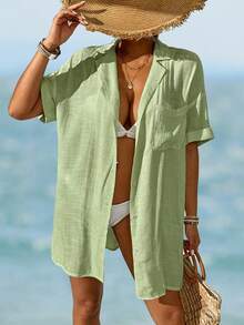 Swim Vcay Women's Simple Solid Color Front Button Short Sleeve Kimono Cover Up, Suitable For Summer Vacation - Olive Green - View 1
