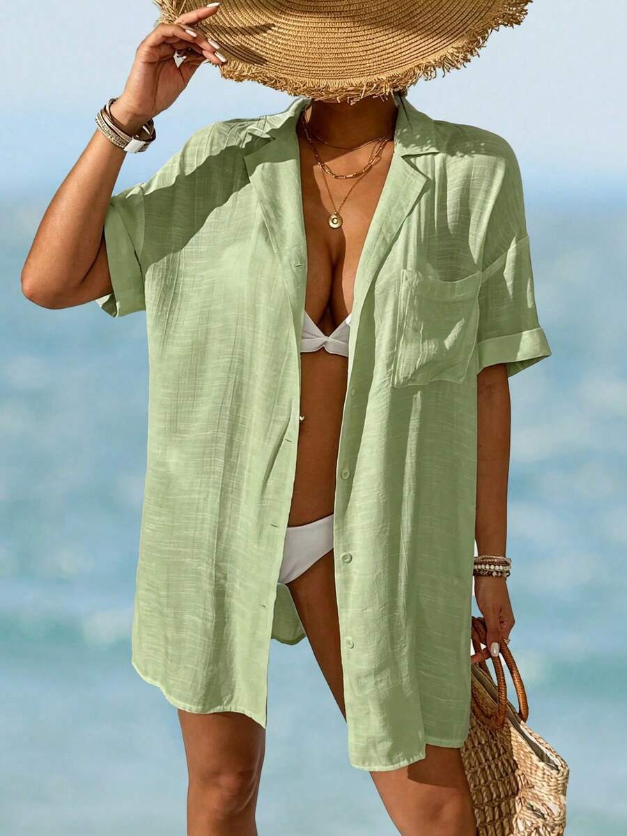 Swim Vcay Women's Simple Solid Color Front Button Short Sleeve Kimono Cover Up, Suitable For Summer Vacation - Olive Green - View 1