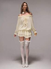 Sweetness Summer Vacation Music Festival Golf Outfit, Sweet Spicy Ruffle V-Neck Off Shoulder Chiffon Dress White Sexy - Beige - View 3