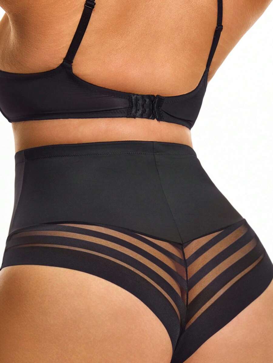 SHAPORA Bragas moldeadoras de talla grande de unicolor con cintura alta, parches de malla y red - Negro - Ver 1