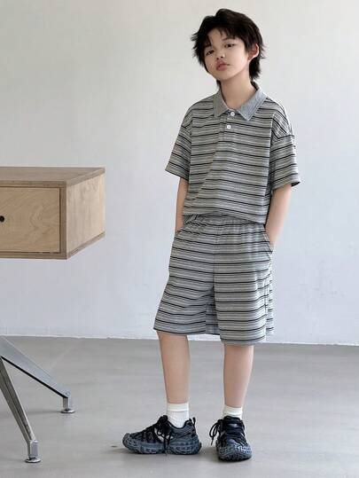 Dazy Kids Polo Collar Striped Loose Short Sleeve Casual Cool T-Shirt Set For Big Boys