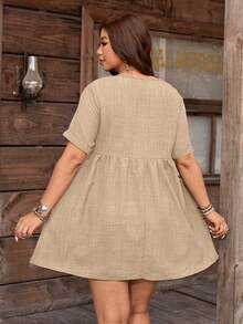 Nubod Vestido corto de manga corta con cuello en V elegante y texturizado en línea A, adecuado para el uso diario en verano, tallas grandes para mujeres - Caqui - Ver 2
