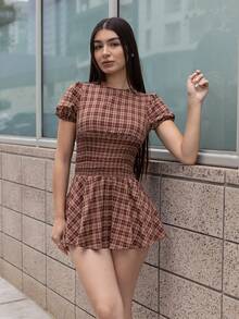 Andrea Bello Y2K 性感復古格紋度假亞文化學院風洋裝 優雅夏季 - 咖啡 - 查看 3