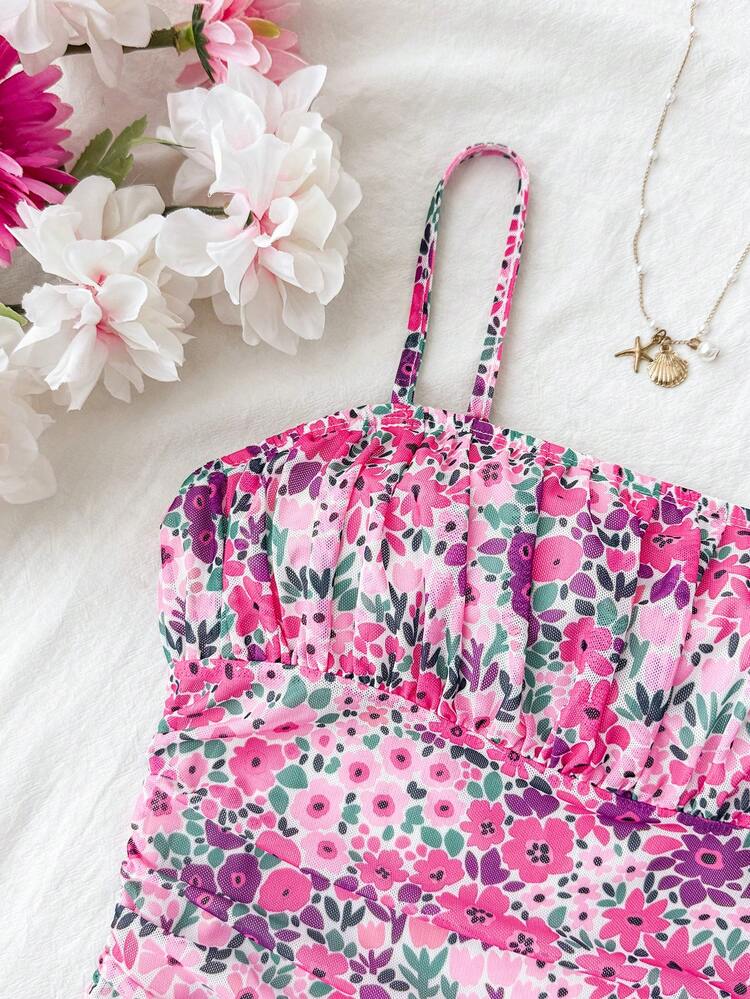 SHEIN Đầm mini dệt kim màu hồng lưới họa tiết hoa, phong cách tối giản, thoải mái, thanh lịch, kiểu boho, sọc nhiệt đới, thích hợp cho kỳ nghỉ/lễ hội/phong cách retro/bãi biển/đầm thanh lịch, dây đeo mảnh, dáng chữ A dễ thương, thích hợp cho kỳ nghỉ, tiệc tùng, lễ Phục sinh, lễ hội hóa trang, bãi biển, du thuyền, tiệc trà chiều, đầm hè thời trang, phong cách boho. - Màu Hồng Tươi - Xem 5