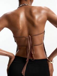 DAZY Top licou femme imprimé léopard intégral, style décontracté de vacances et festival de musique, pour plage, printemps-été - Tabac - Voir 7