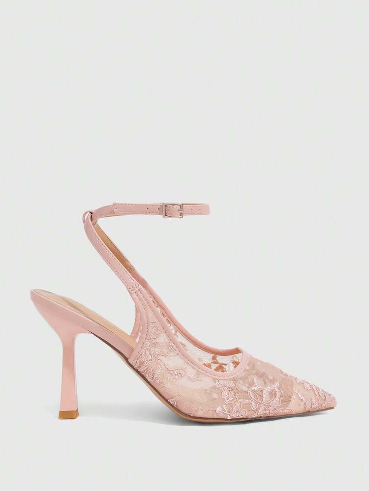 CUCCOO SZL Women's Fashion Pink Lace Back Strap Pointed Stiletto High Heel Breathable Mesh Women's Shoes For Commuting, Dating, Parties, Holidays And Weddings For Christmas And Spring Wear