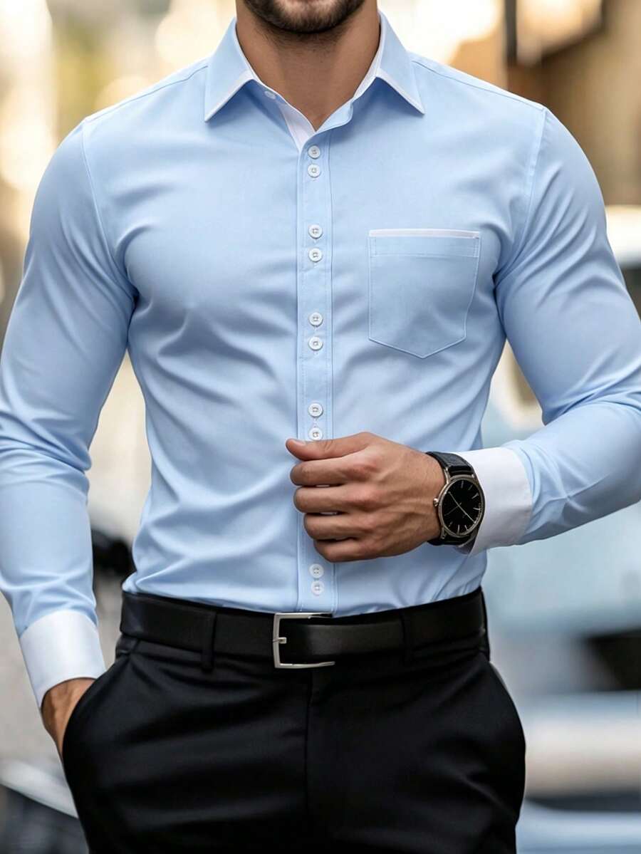Manfinity Mode 男士时尚撞色长袖正装衬衫,秋季,适合秋季仪式穿着 - 藍白色 - 查看 1