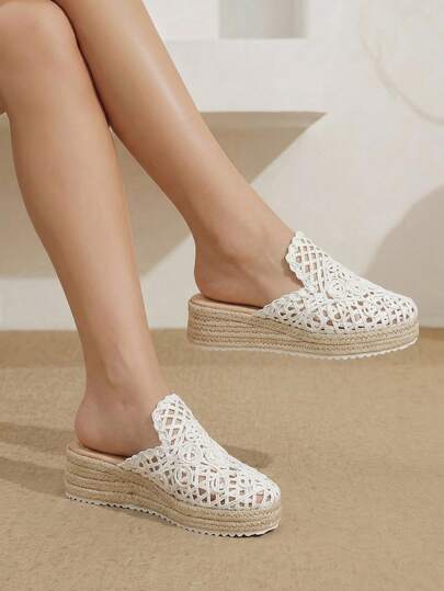 Styleloop Giày nữ đế dày dệt từ dây gai dầu, màu trắng, kiểu hở gót, giày bít mũi, dép bít mũi, sandal, giày dây gai dầu phong cách Boho phù hợp để đi chơi, nghỉ mát, hẹn hò hàng ngày, đi biển, du lịch, phong cách thường ngày với giày nữ.